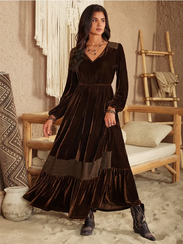 TIME-Limited Offer Ruffled V-Neck Long Sleeve Black Boho Maxi Dress