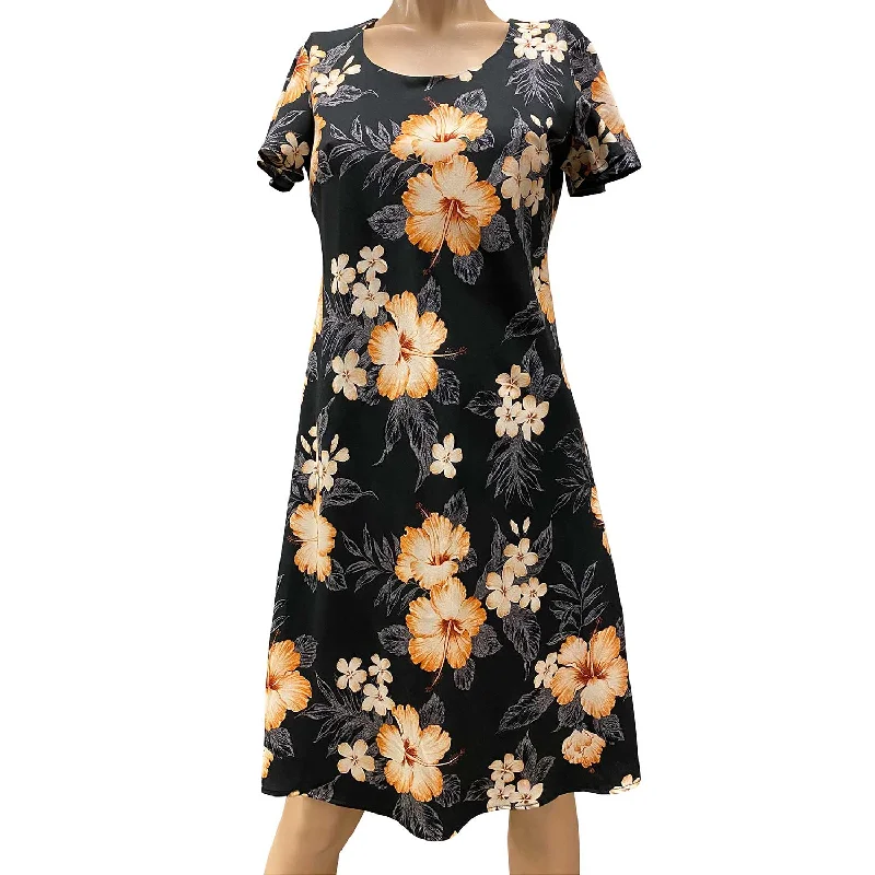 Markdown Madness Hibiscus Resort Black A-Line Dress with Cap Sleeves