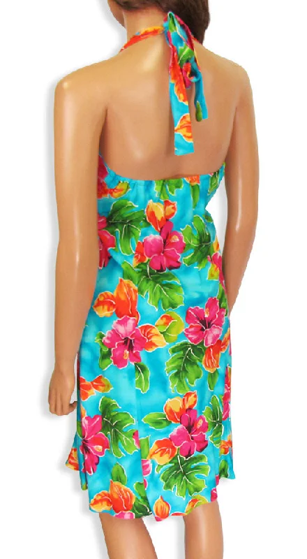Weekend Deal Hawaiian Short Halter Dress Hibiscus Watercolor Blue