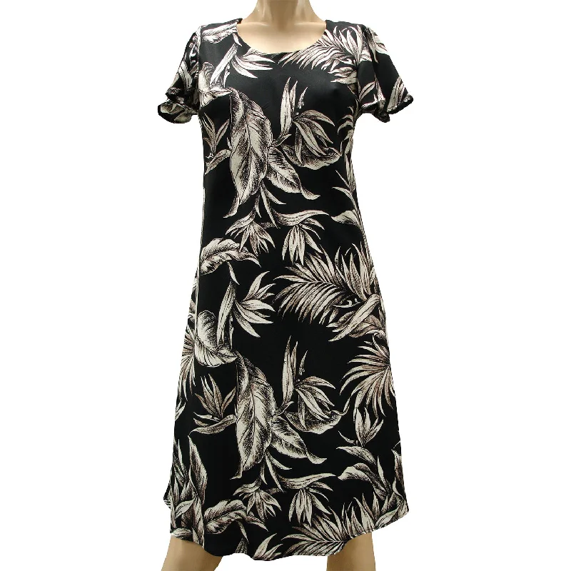 Year-End Sale Paradise Jungle Black A-Line Dress with Cap Sleeves