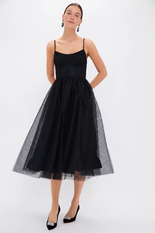Can't Be Beat Black Tulle Corset Midi Dress