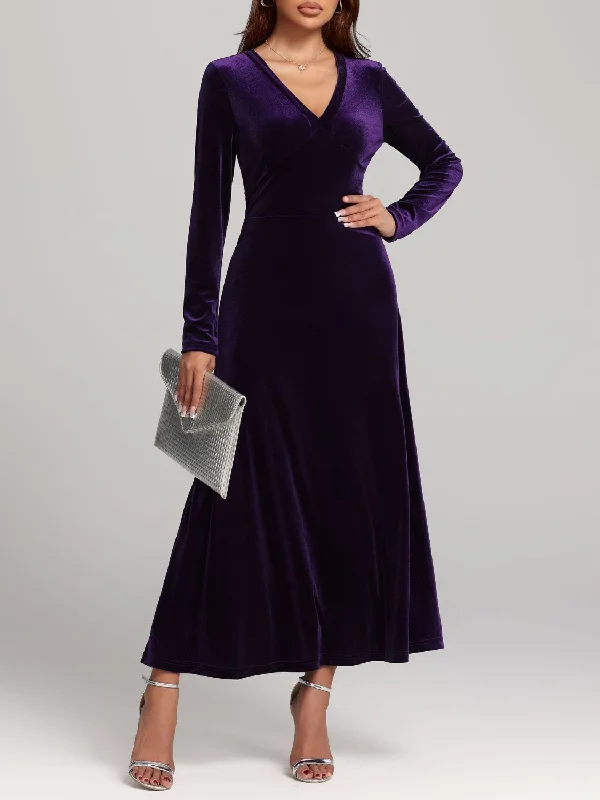 Overstock V-Neck Long Sleeve Velvet Midi Dress