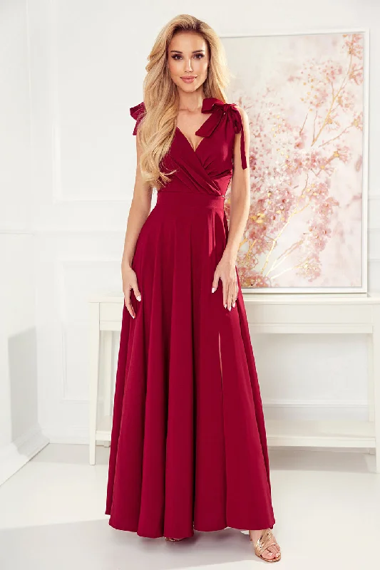 Instant Discount ELENA Long dress with a neckline and ties on the shoulders - Burgundy color