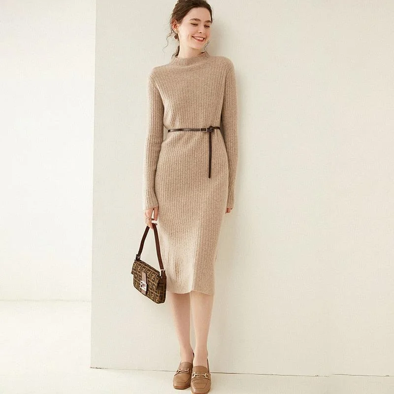 Deal Mania Women's Autumn and Winter New Fashion Long Pure Australian Wool Dress