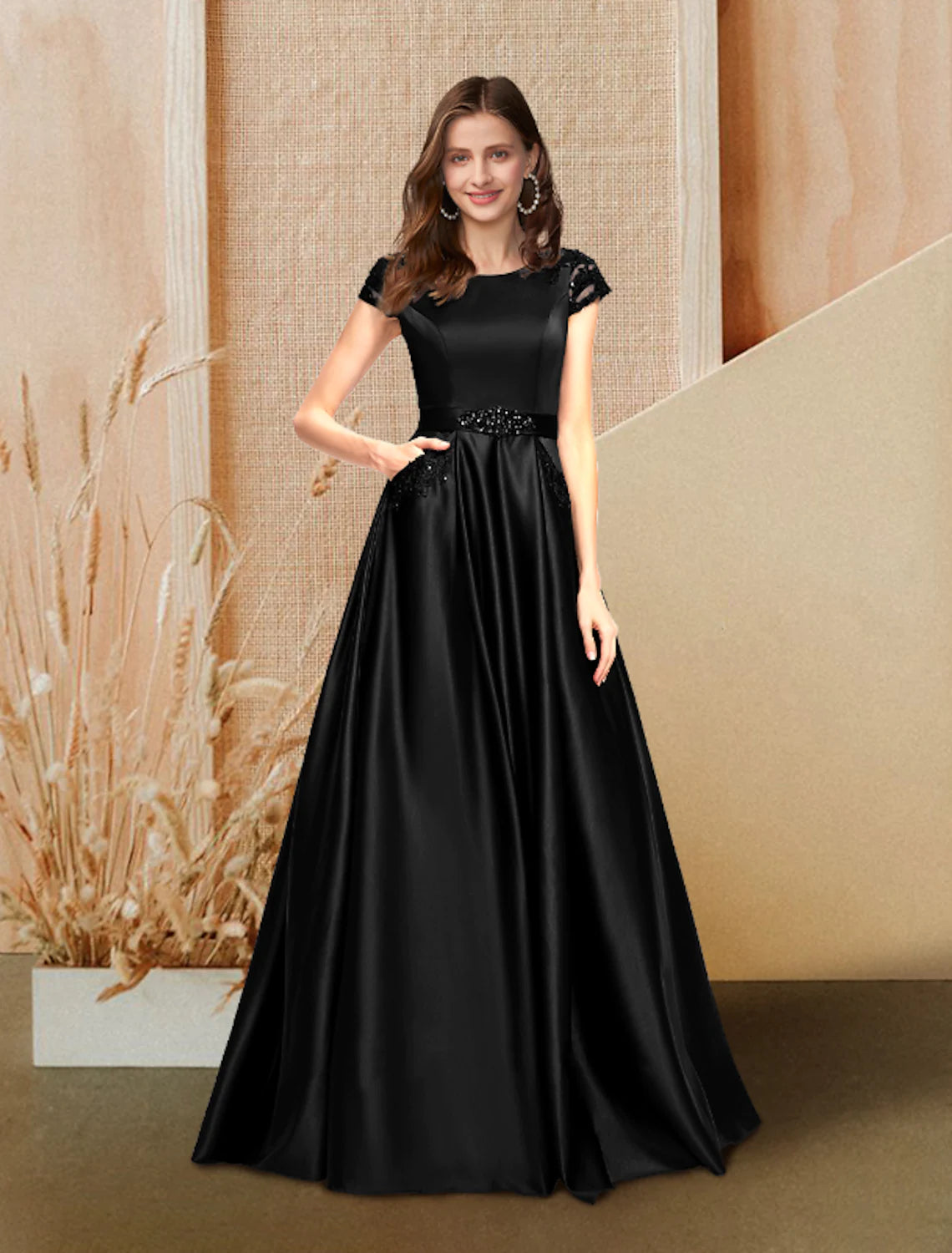 Midnight Madness A-Line Evening Gown Dress Wedding Floor Length Short Sleeve Satin Beading Lace Pocket