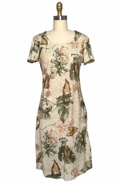 Overstock Sale Orchid Monstera Beige A-Line Dress with Cap Sleeves
