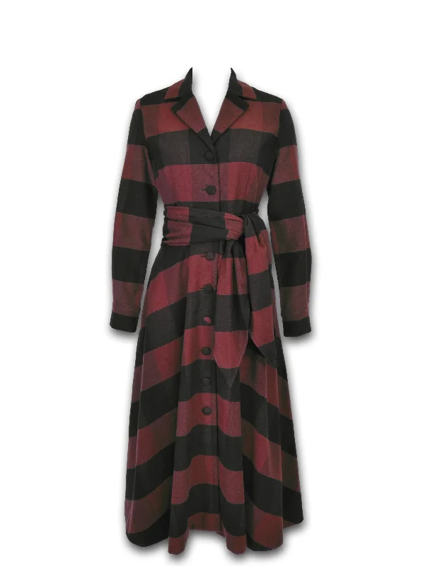 Midnight Madness J. Peterman Women's Plaid Cotton Long Sleeve 1947 Dress - Burgundy