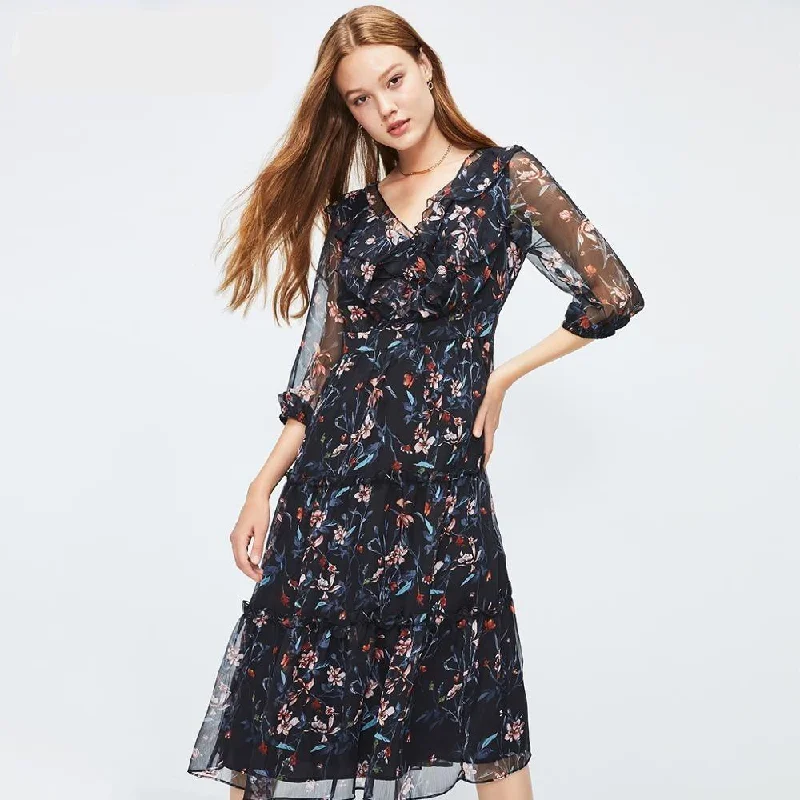 Low Prices Floral Ruffled Cinched Waist Chiffon Dress