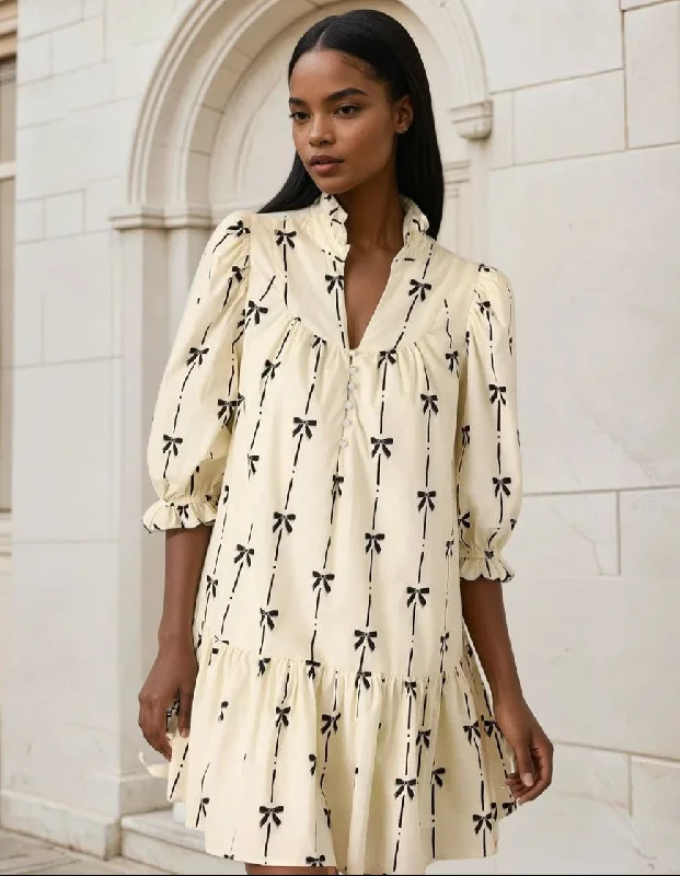 Loyalty Reward Full Size Frill Bow Print Half Sleeve Mini Resort Dress