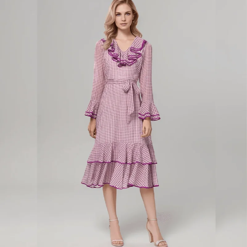 Grand Opening Sale Elegant Vintage Houndstooth Midi Dress – Spring/Summer Fashion, Ruffle V-Neck with Belt, Casual Women€™s Runway Design