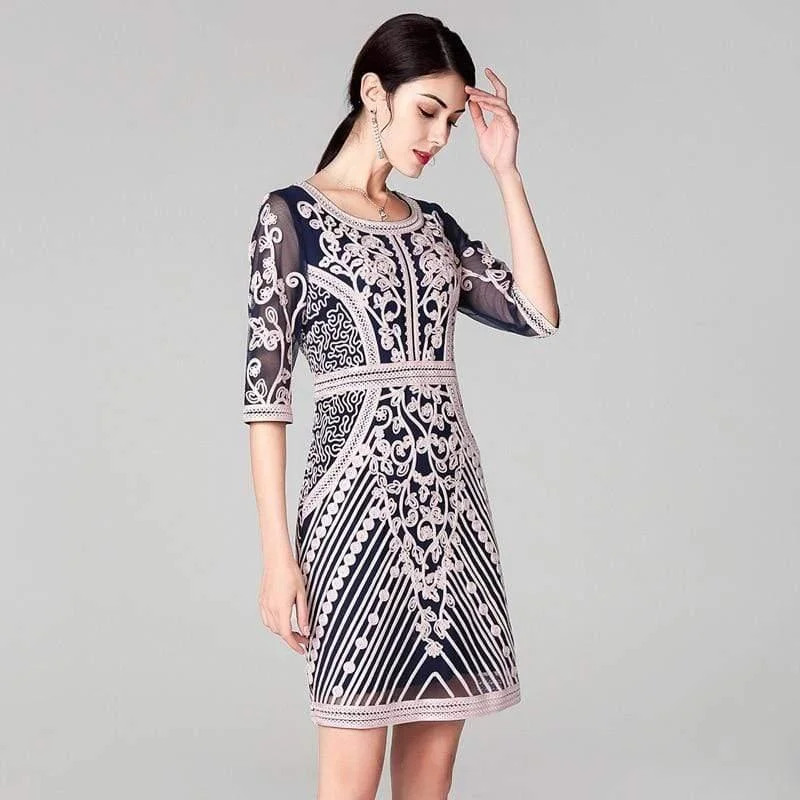 Limited Availability Fashion Party Cocktail O-Neck Allover Appliques Embroidery Dress