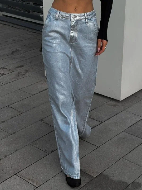 Midnight Madness Reflective Split A-line Denim Maxi Skirt