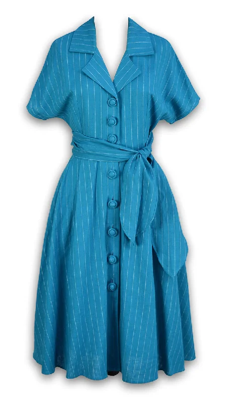 Overstock J. Peterman Women's Vintage Short Sleeve Button Front Linen Pinstripe Dress with Notched Collar and Waist Tie