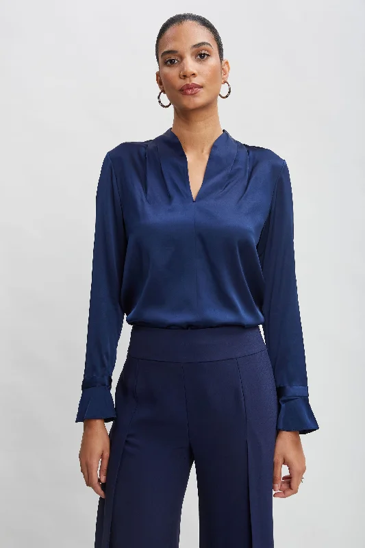Super Deal Silk Satin Contour Neck Ruffle Cuff Shirt
