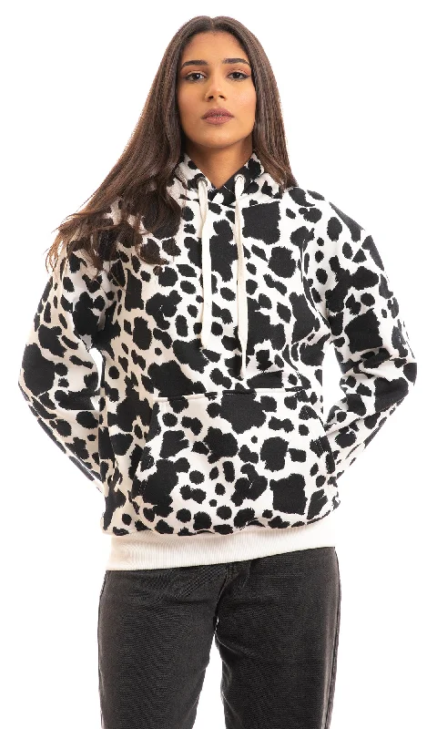 Take Advantage 98113 Patterned Slip On Long Sleeves Hoodie - White & Black