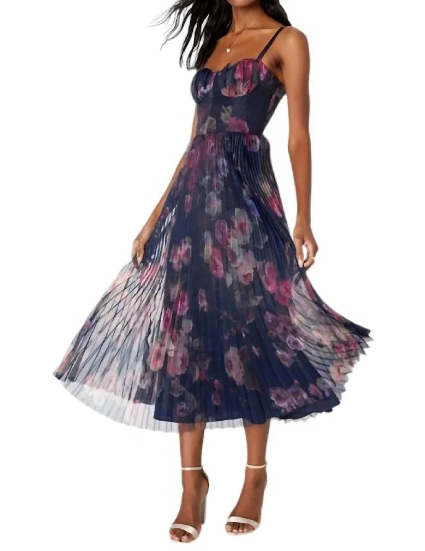 New Deals Floral Pleated Bustier Midi Dress In Midnight Blue