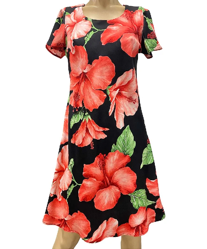 Grand Opening Sale Super Hibiscus Black A-Line Dress with Cap Sleeves