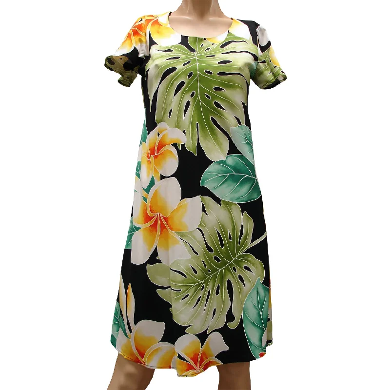 Limited Time Discount Mega Plumeria Black A-Line Dress with Cap Sleeves