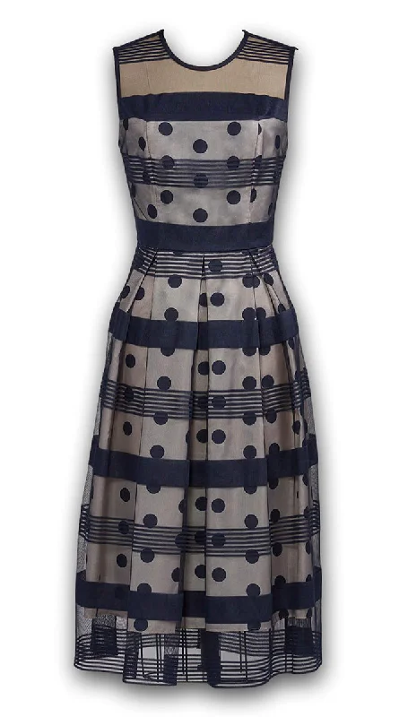 Take Advantage J. Peterman Women's Fit and Flare Sheer Neckline Polka Dot and Striped Sleeveless Dress in Navy and Cream
