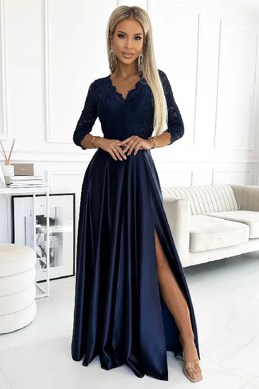 Major Savings AMBER lace long satin dress with a neckline - dark blue