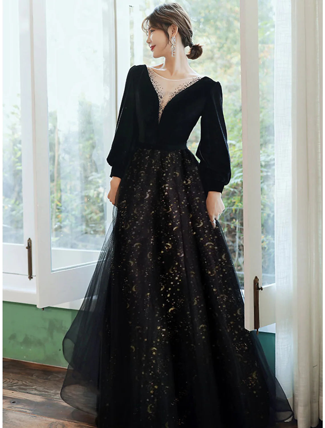Crazy Savings A-Line Evening Gown Dress Wedding Floor Length Long Sleeve V Neck Satin with Crystals Sequin