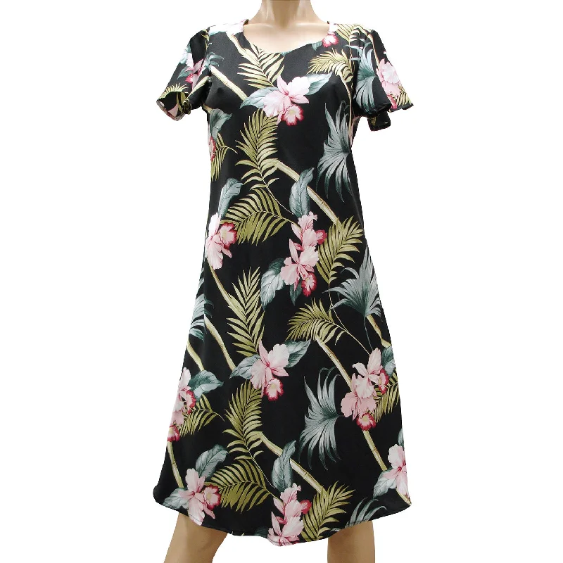 Special Promotion Bamboo Orchid Black A-Line Dress with Cap Sleeves