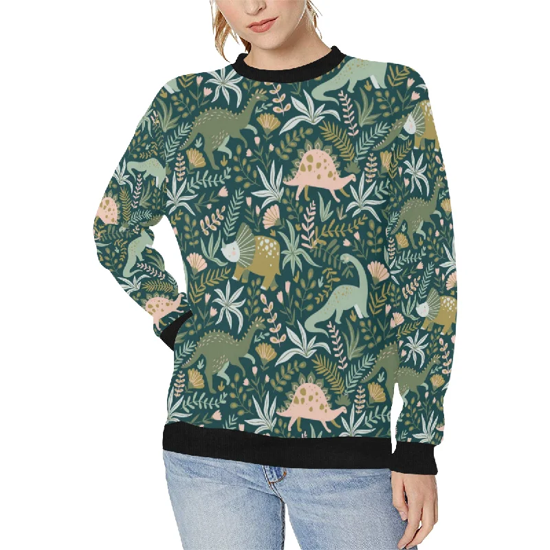 Mega Sale dinosaurs tropical leaves flower pattern Women's Crew Neck Sweatshirt
