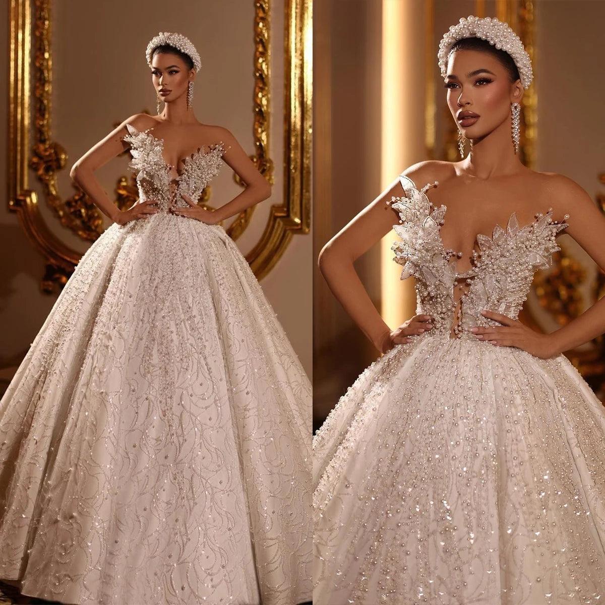 Super Deal Pearl Beaded Lace Wedding Dress - Custom V-Neck Gown