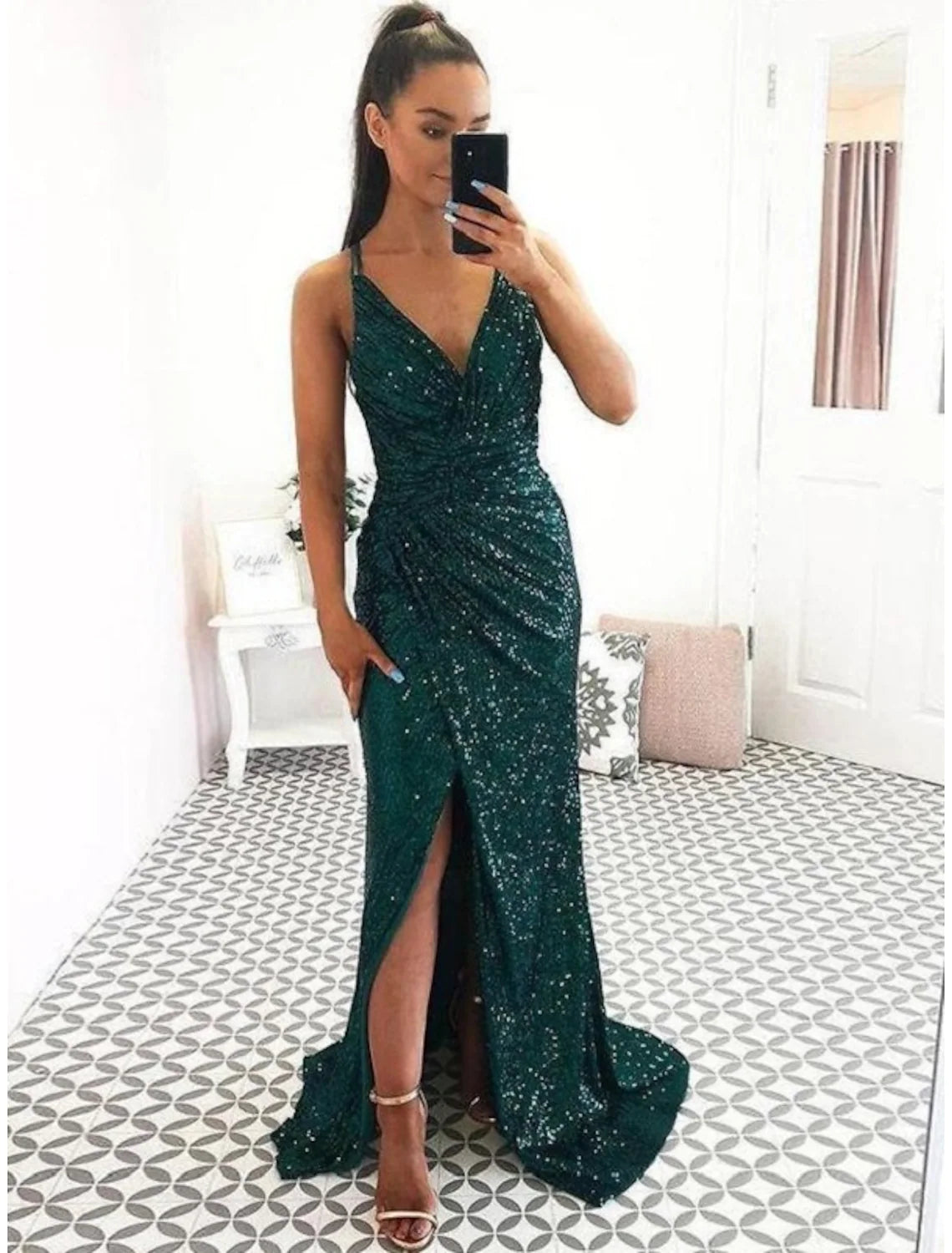 Discount Mania Prom Dresses Sexy Dress Party Wear Sleeveless V Neck Sequined Backless with Sequin Slit
