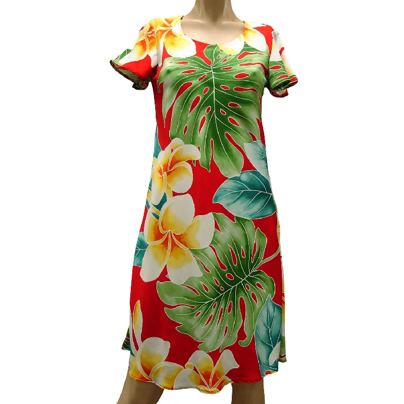 Blowout Sale Mega Plumeria Red A-Line Dress with Cap Sleeves