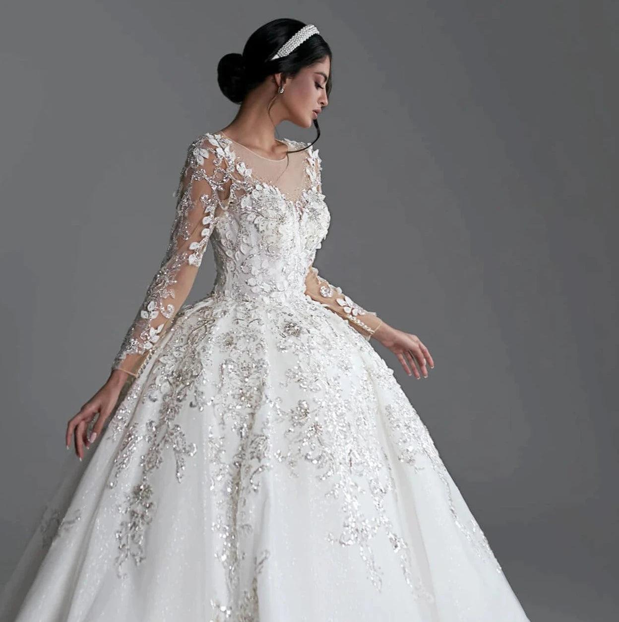 Quick Sale White Princess Wedding Dress - Long Sleeve Ball Gown with Sequined Beading & Royal Train