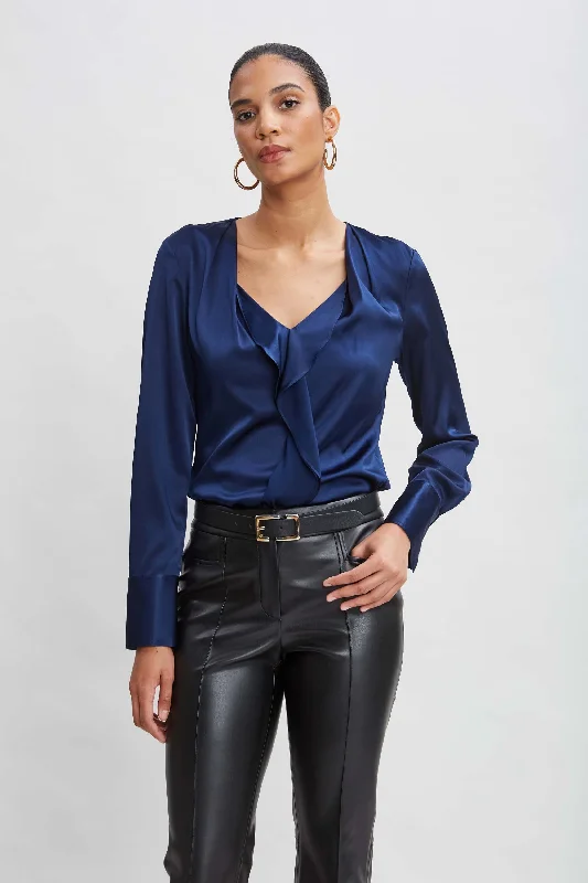 Fantastic Deals Silk Satin Contour Ruffle Shirt