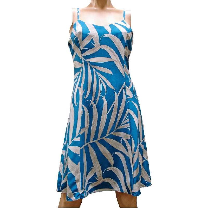 Factory Direct Sale Islander Fronds Blue Spaghetti Dress