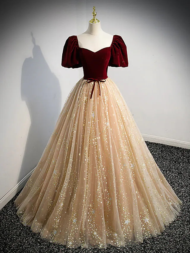Act Fast A-Line Prom Dresses Princess Dress Engagement Floor Length Short Sleeve Tulle with Bow(s) Sequin