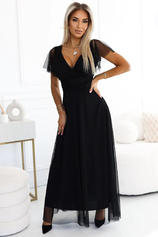 Overstock NASTIA Long dress with neckline and short sleeves - black