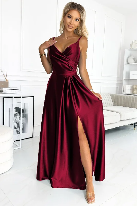 Super Sale CHIARA elegant satin maxi dress with straps - Burgundy color