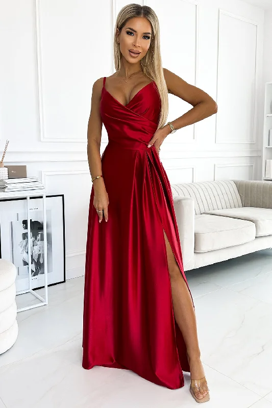 Overstock 299-14 CHIARA elegant satin maxi dress with straps - red color