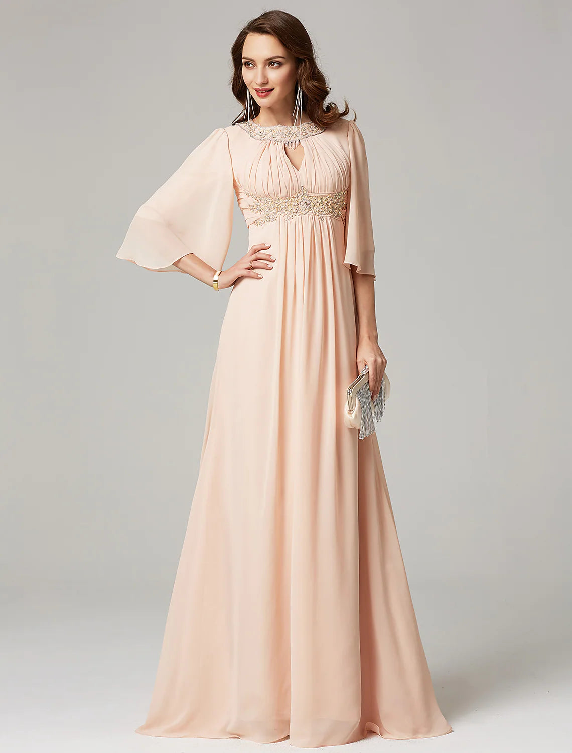 Price Smash A-Line Evening Dresses Elegant Dress Wedding Half Sleeve Jewel Neck Chiffon with Beading Draping