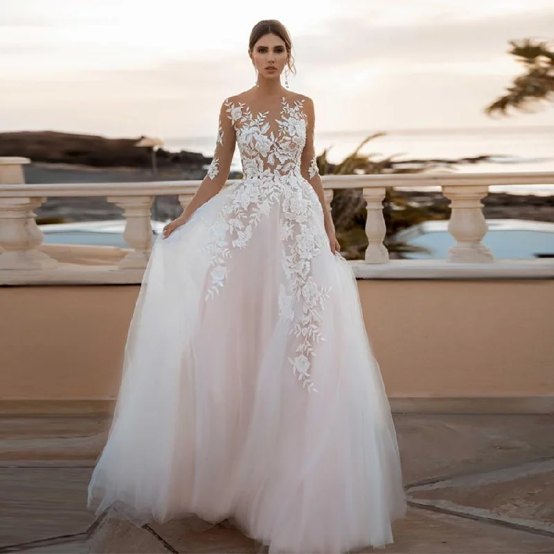 Warehouse Sale Sheer 3/4 Sleeves Floral Applique Blush Wedding Dress