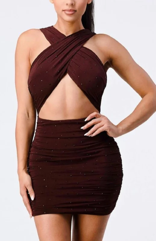 Limited Availability Crossover Mini Dress In Chocolate Brown